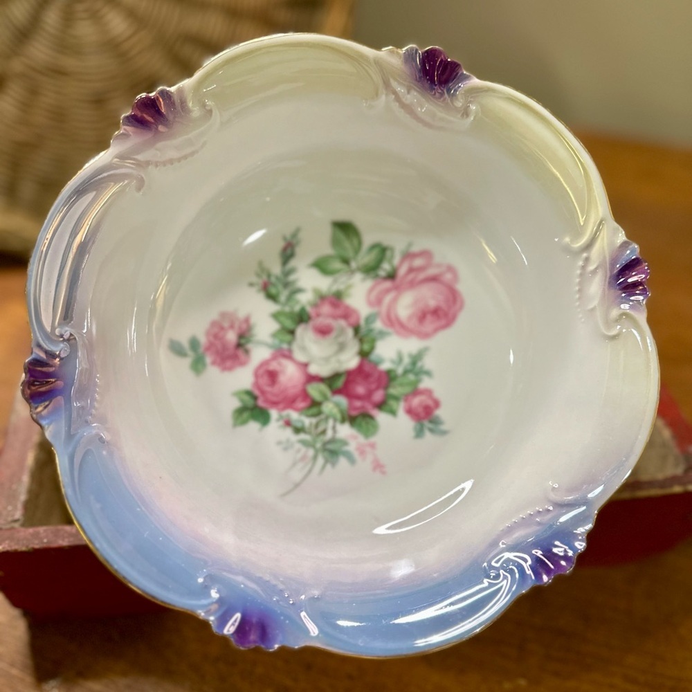 Vintage BRPHILA Germany Floral Serving Bowl Gold Trim Purple Rim Cottage China